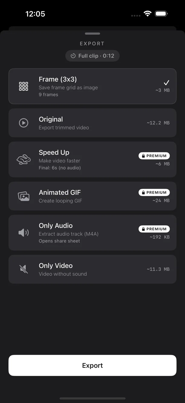 Export presets: frame grid, original, speed up, animated GIF, audio only and video only