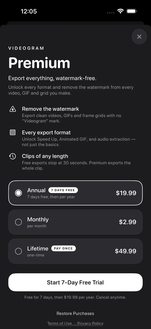 Videogram Premium: annual with a 7-day free trial, monthly, or lifetime